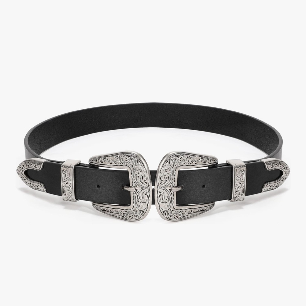 Elegant Black Belt with Silver Buckles